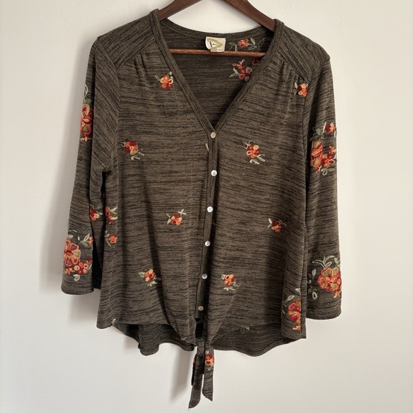 fig and flower Sweaters - Fig and Flower Womens Floral Embroidered Sweater Cardigan Size M Heather Brown